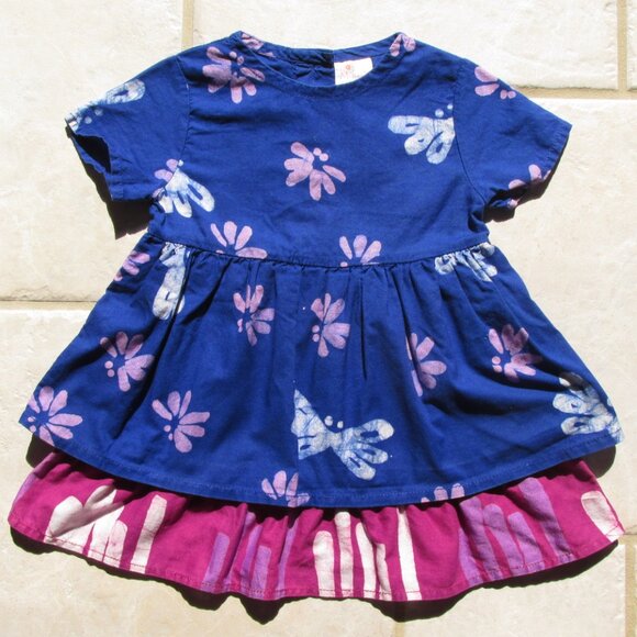 GLOBAL MAMAS GIRL'S SIZE 12 mo. DRESS BLUE & FUCHSIA BATIK FLORAL PRINT SS - Picture 9 of 11